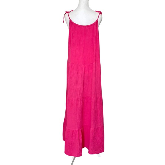 4Our Dreamers Gauzy Cotton Tiered Maxi Dress Sz L Hot Pink Boho Beach Feminine - Picture 4 of 10